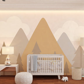 Beige mountain landscape wallpaper creating peaceful atmosphere in children's bedroom