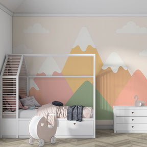 Mountain themed wallpaper creating serene children's bedroom with gentle pastel peaks