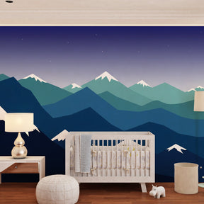 Alpine mountain mural wallpaper creating serene children's bedroom with celestial elements