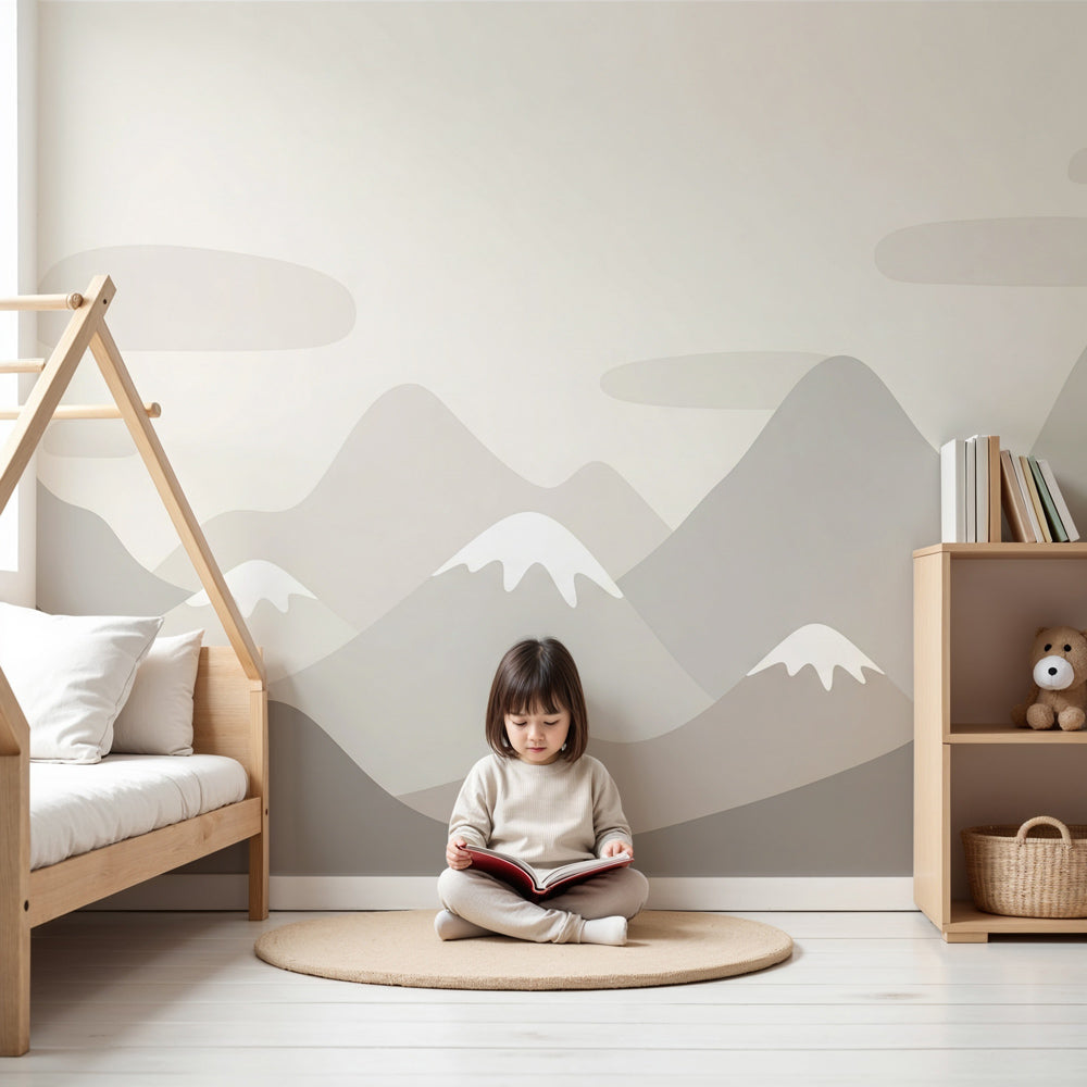 Soft pastel mountain mural wallpaper creating serene nursery decor by Kids-Mundo