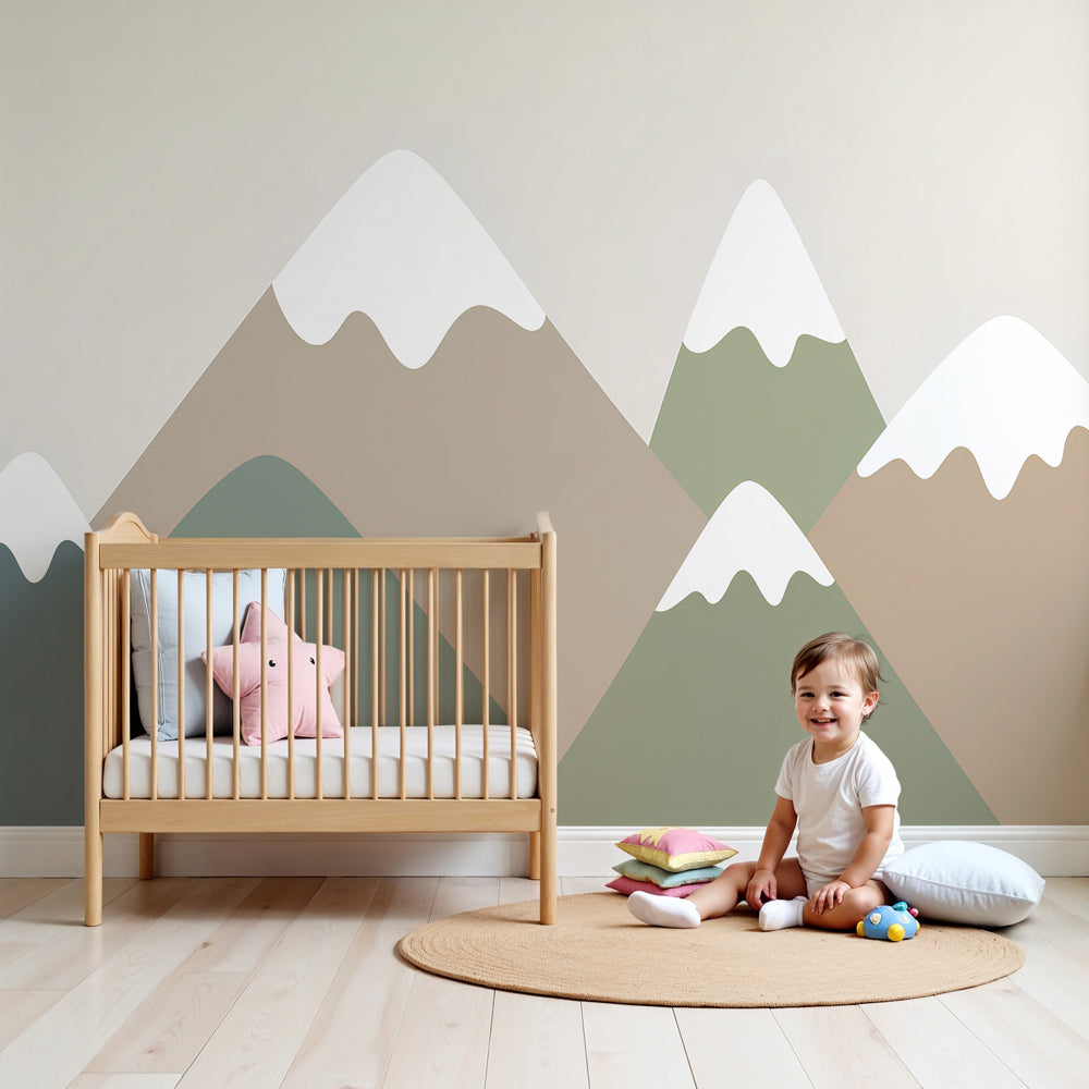 Gentle mountain mural wallpaper creating serene nursery atmosphere with pastel peaks by Kids-Mundo