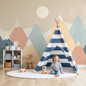 Geometric mountain mural wallpaper with pastel peaks in modern nursery by Kids-Mundo