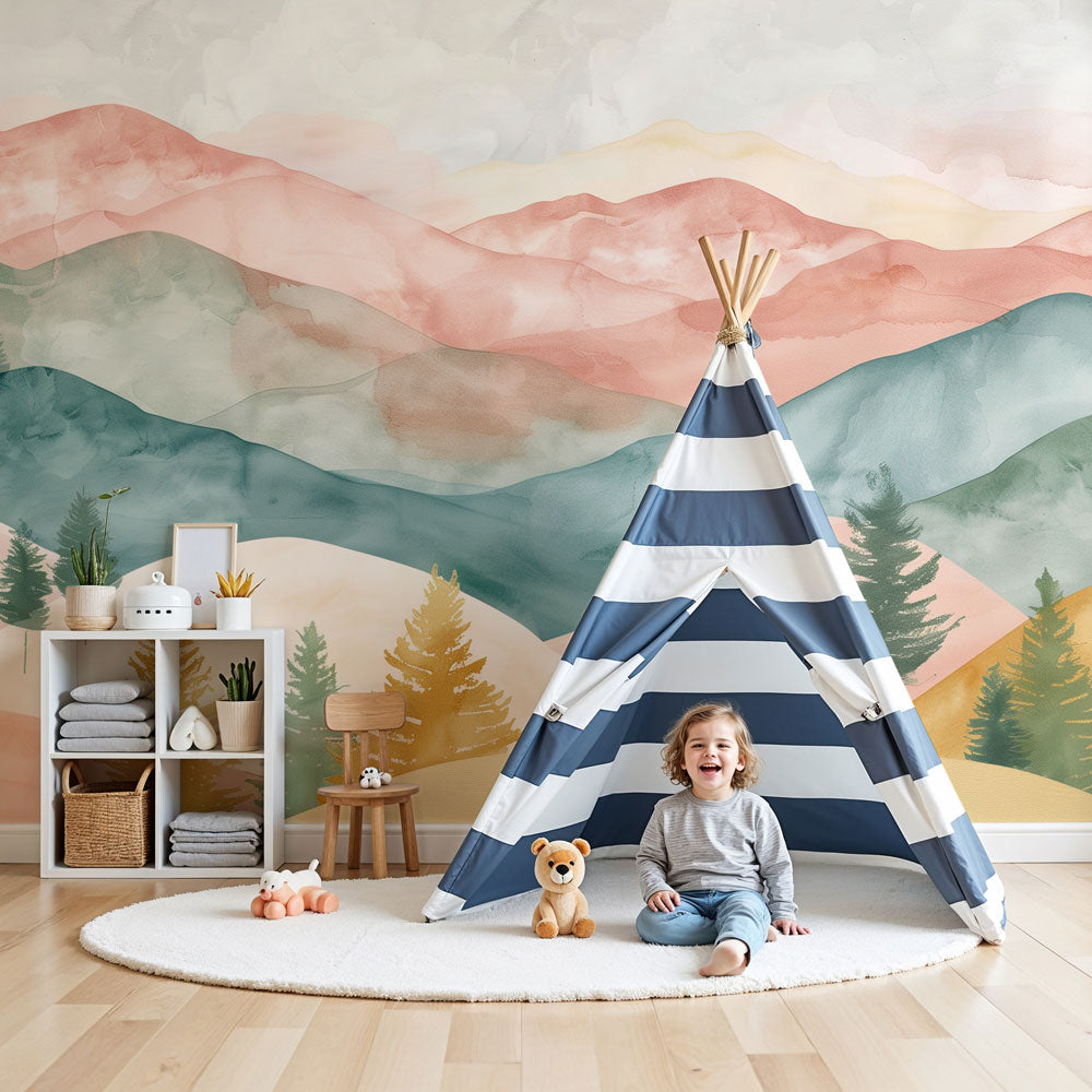 Pastel mountain mural wallpaper with enchanted forest in modern nursery by Kids-Mundo