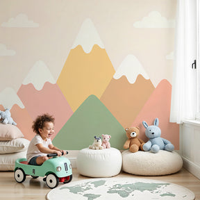 Pastel mountain mural wallpaper creating serene nursery decor with soft clouds by Kids-Mundo