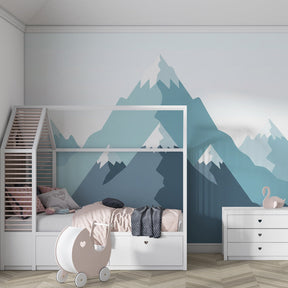 Soothing mountain landscape wallpaper transforming kids room into calming adventure space