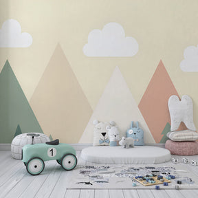 Gentle mountain peaks wallpaper transforming children's playroom into peaceful retreat space