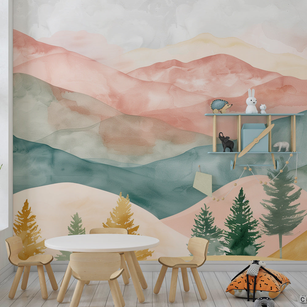 Colorful mountain landscape wallpaper transforming children's playroom into adventure space