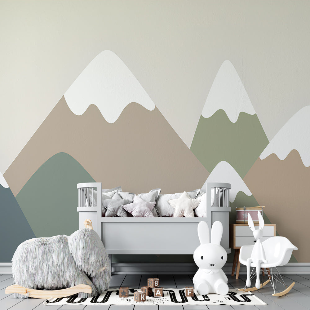 Pastel mountain wallpaper transforming kids playroom with calming nature-inspired design