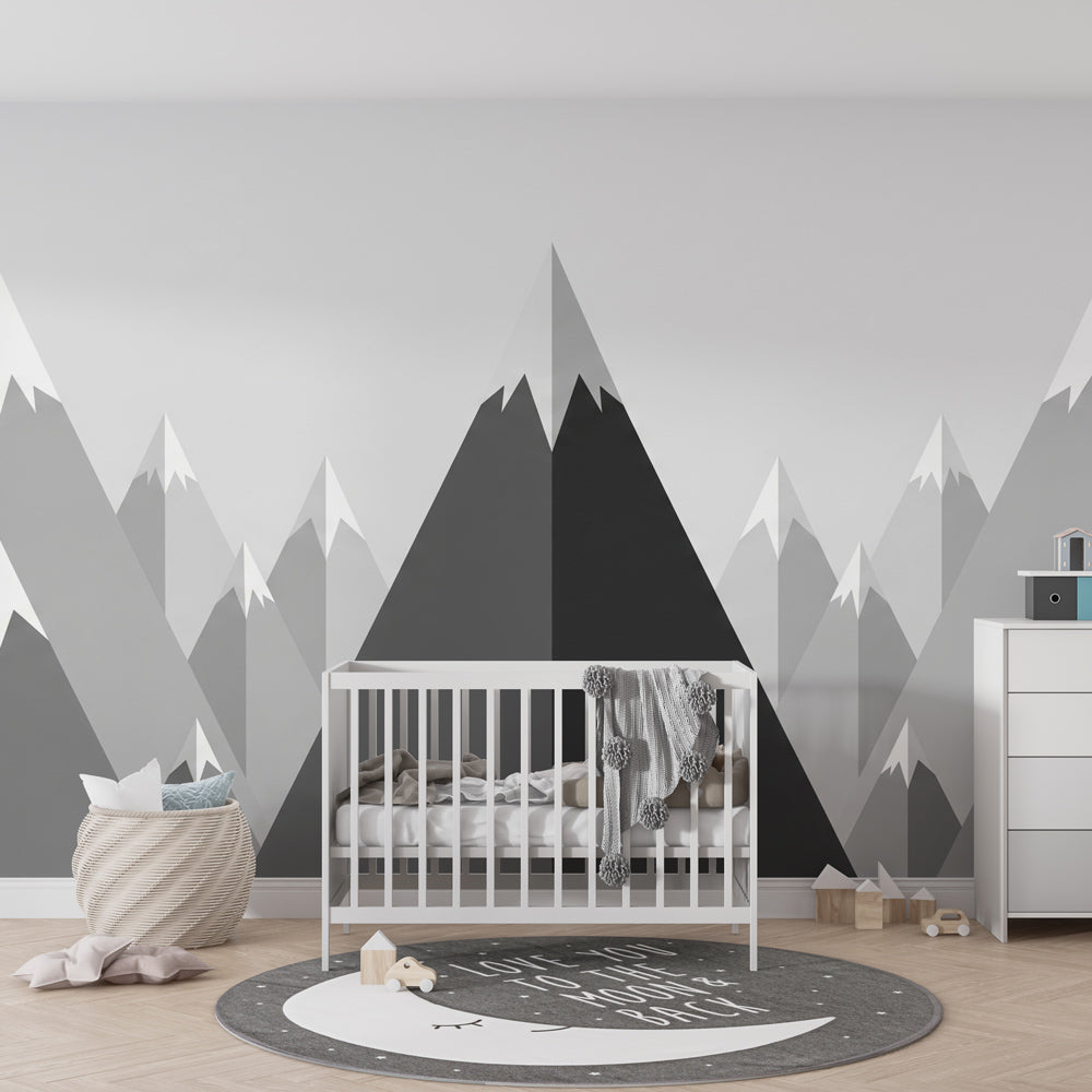 Gray mountain peaks mural wallpaper transforming modern kids playroom into adventure space