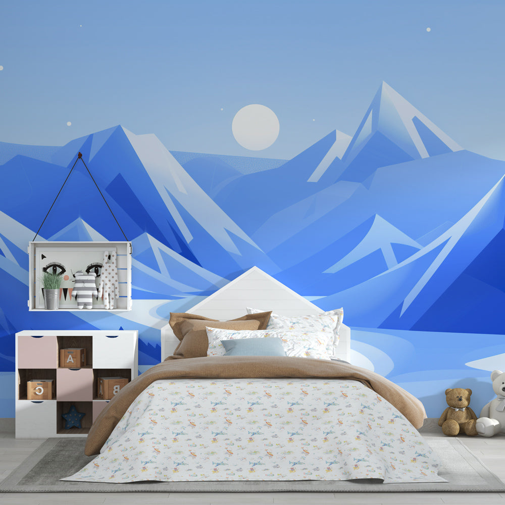 Mountain mural wallpaper transforming children's playroom with peaceful blue winter vista