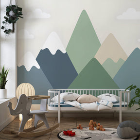 Nature-inspired mountain wallpaper transforming children's playroom into serene outdoor space
