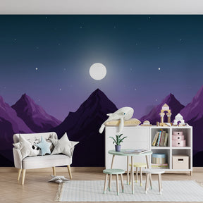 Purple mountain wallpaper with stars transforming kids bedroom into magical space