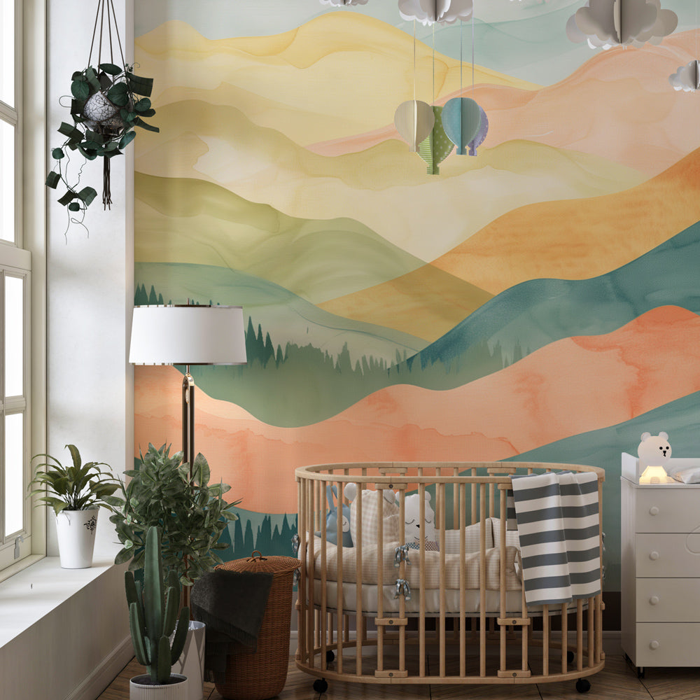 Mountain landscape mural wallpaper transforming toddler bedroom with calming watercolor art