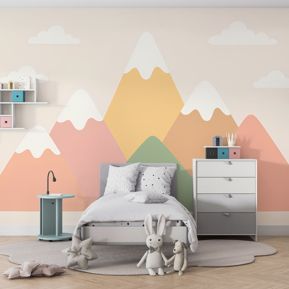 Soft mountain landscape wallpaper transforming toddler room into peaceful adventure space
