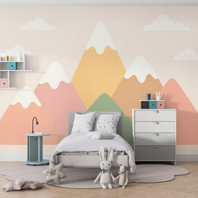 Soft mountain landscape wallpaper transforming toddler room into peaceful adventure space