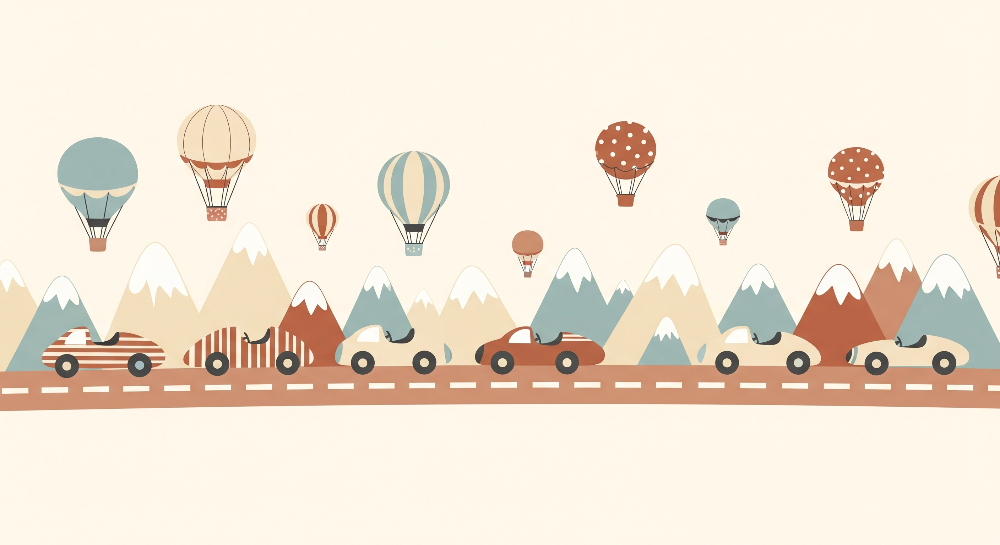 Kids-Mundo flat artwork of striped cars, mountains, hot air balloons and airships