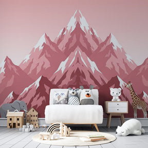 Pink mountain safari wallpaper creating adventurous kids bedroom decor with wildlife theme