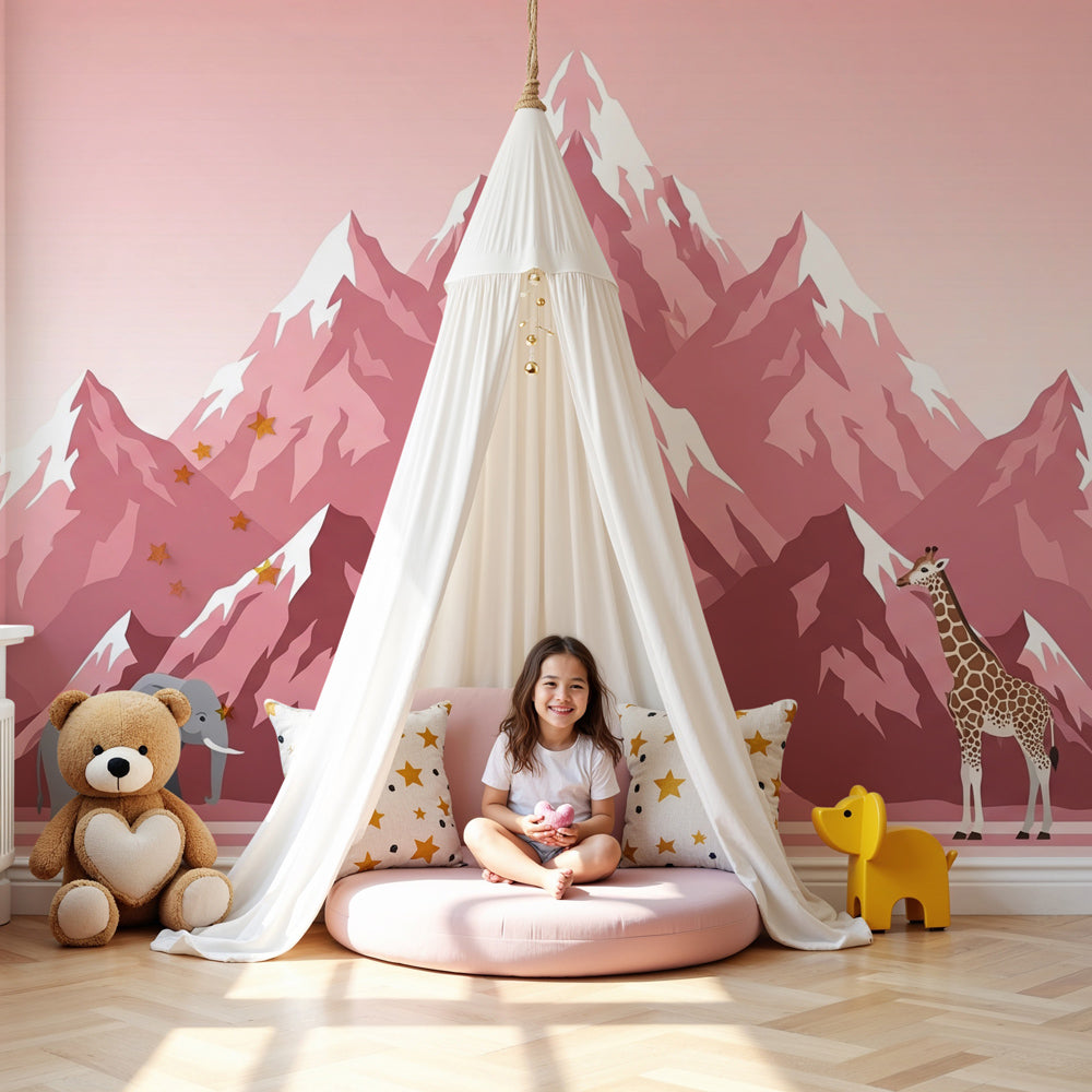 Mountain safari mural wallpaper with elephants and giraffes in pink nursery by Kids-Mundo