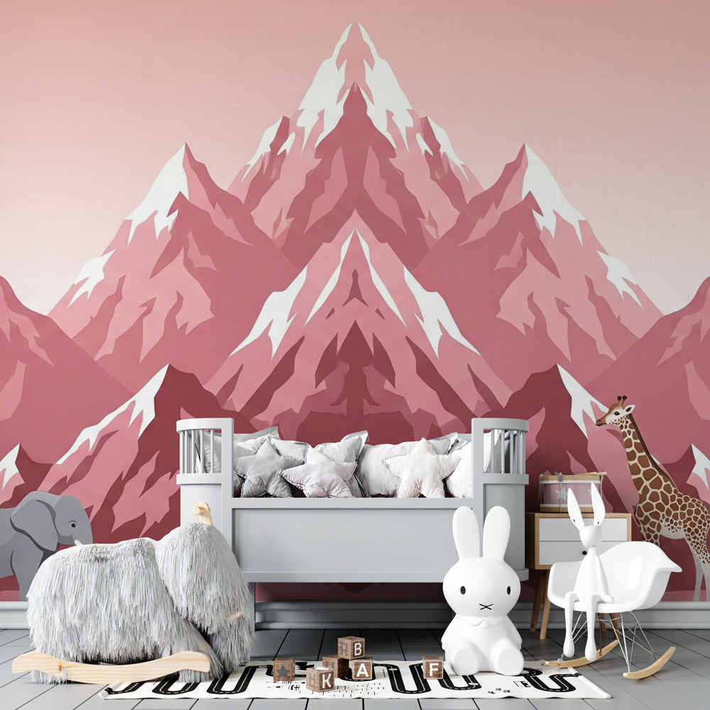 Elephant and giraffe mountain wallpaper transforming children's playroom into safari adventure