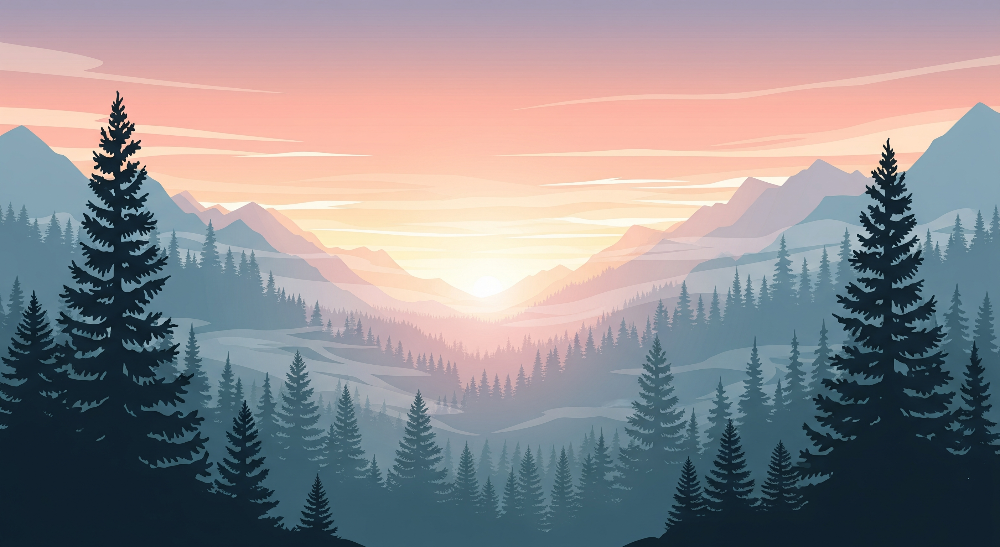 Kids-Mundo flat artwork preview of the pine forest mountain sunrise wall mural