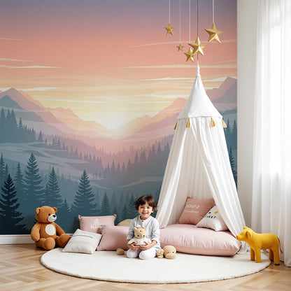 Kids-Mundo mountain sunrise wall mural with pine trees glowing softly in a nursery
