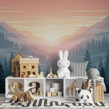 Kids-Mundo pine forest sunrise wall mural bringing warm light to a playroom