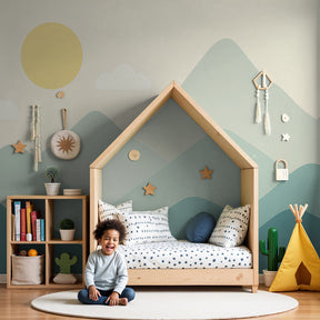 Mountain sunset mural wallpaper creating peaceful nursery decor with gentle hills and warm sun by Kids-Mundo