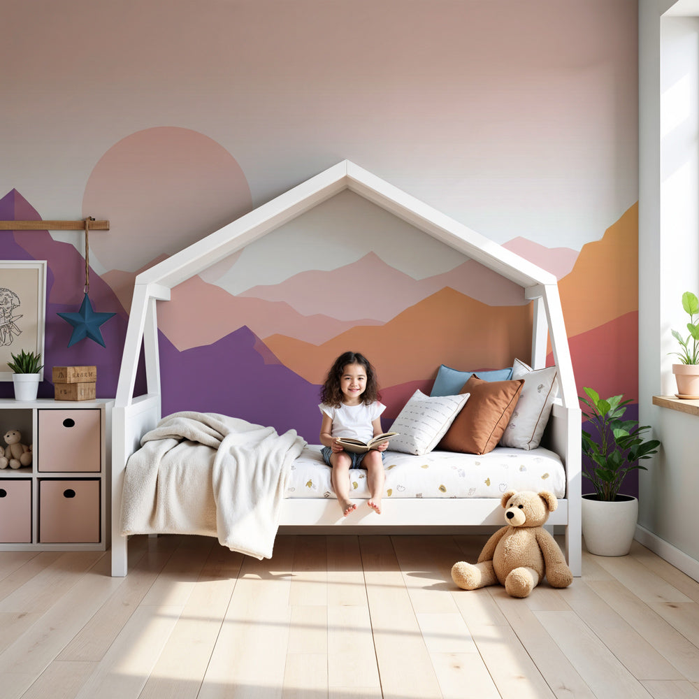 Mountain sunset mural wallpaper in pastel colors decorating modern nursery by Kids-Mundo