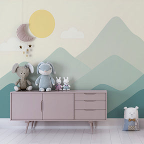 Nature-inspired mountain wallpaper for kids playroom featuring soft hills and golden sunshine