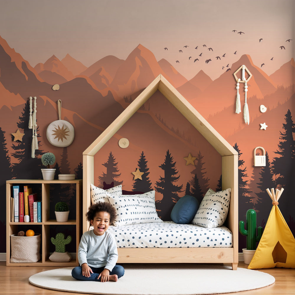 Mountain wolf mural wallpaper creating wilderness adventure nursery with twilight mountain peaks by Kids-Mundo