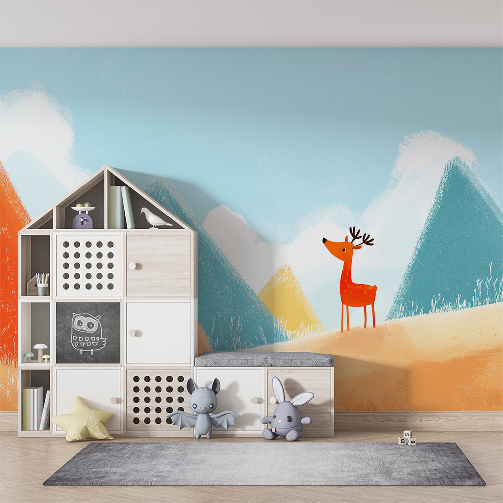 Kids-Mundo mountain and deer mural adding colour to a children's playroom wall