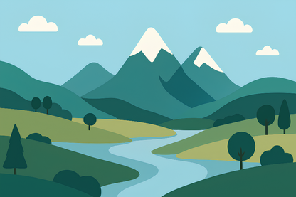 Kids-Mundo flat artwork of green mountains and a winding blue river landscape design.