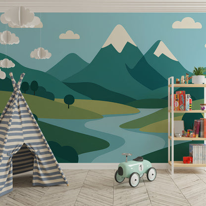 Kids-Mundo mountains and river wall mural bringing calm scenery to a children's playroom.