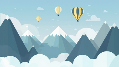 Kids-Mundo flat artwork of snow-capped mountains and hot air balloons in a blue sky