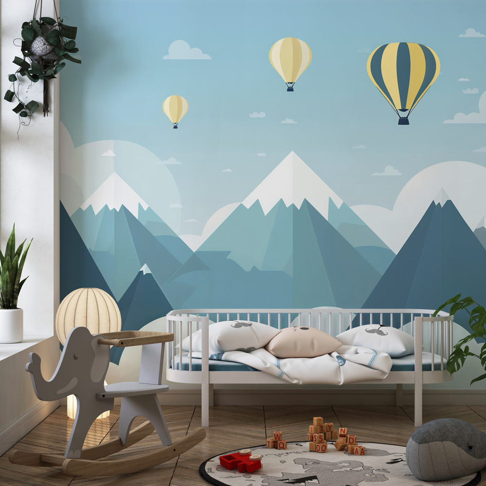Kids-Mundo mountain and balloon wall mural adding adventure to a playroom