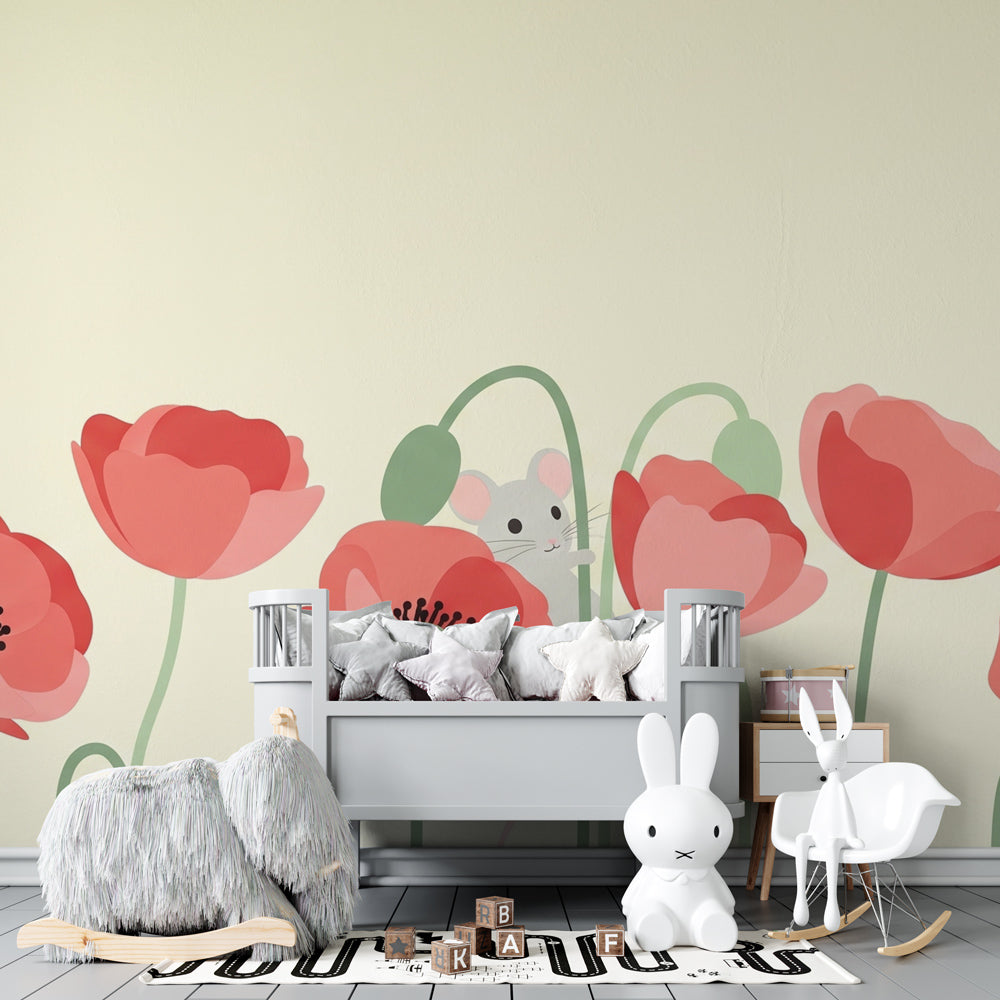 Pink poppy garden wallpaper creating magical kids bedroom decor with mouse character