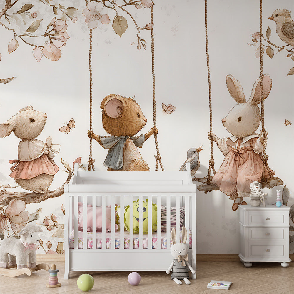 Woodland animal wall mural by Kids-Mundo behind a cot in a nursery bedroom