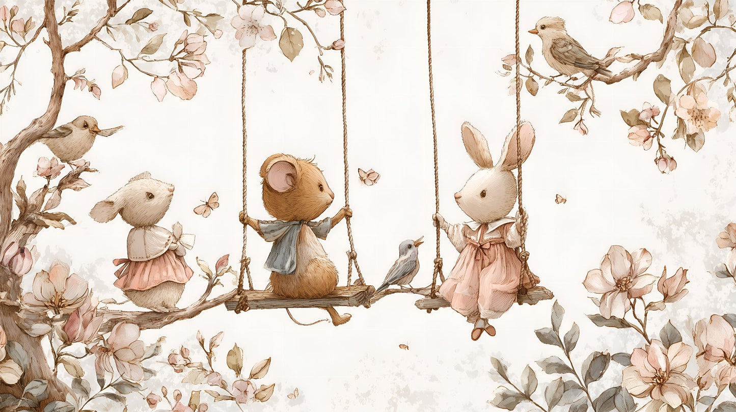 Flat artwork of the Kids-Mundo mouse and rabbit on a blossom swing mural design
