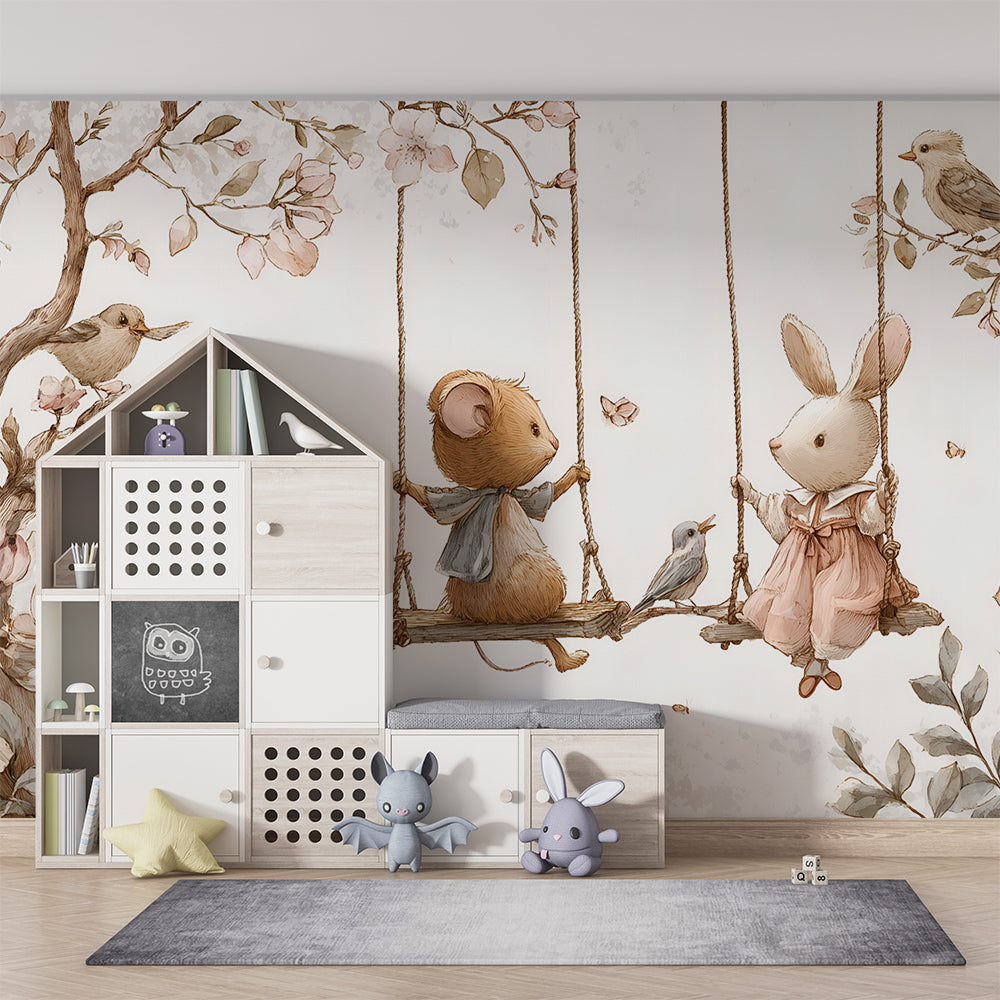 Blossom swing wall mural from Kids-Mundo covering a playroom wall in soft pastels