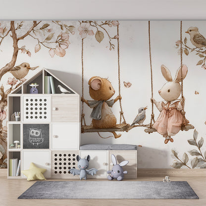 Blossom swing wall mural from Kids-Mundo covering a playroom wall in soft pastels