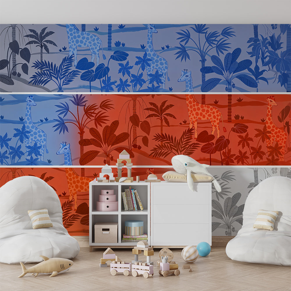 Kids-Mundo tonal jungle giraffe wall mural covering a kids bedroom wall in blue and rust