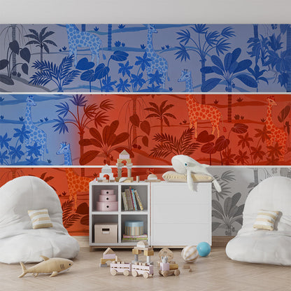 Kids-Mundo tonal jungle giraffe wall mural covering a kids bedroom wall in blue and rust