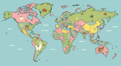 Kids-Mundo flat artwork of a multicolour world map with bear, llama, parrot and kangaroo