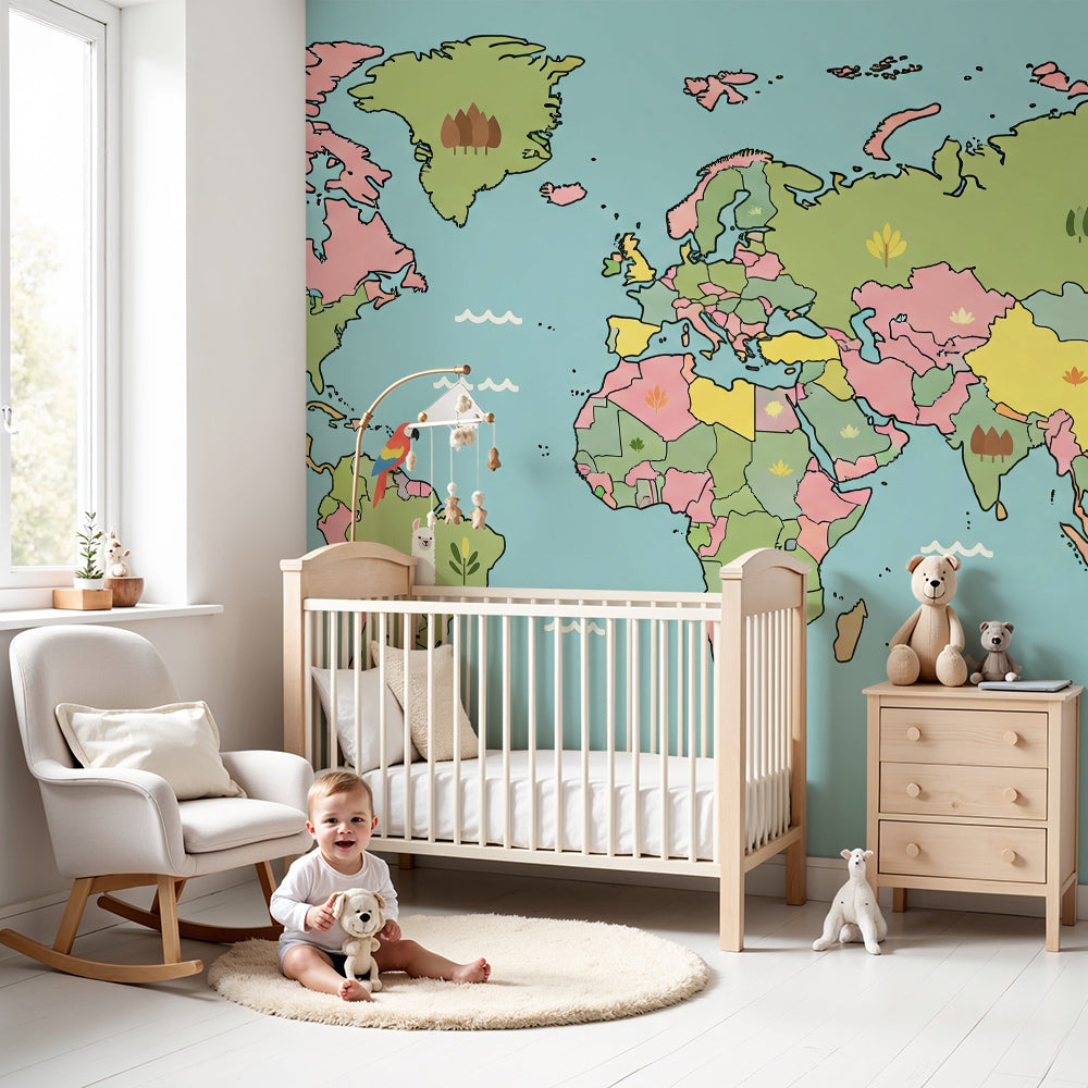 Kids-Mundo multicolour world map wall mural with llama and parrot artwork behind a nursery cot