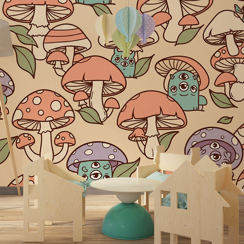 Kids bedroom wall showing a Kids-Mundo mushroom forest mural with cream, coral and purple toned mushrooms.