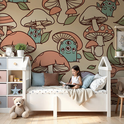 Nursery wall decorated with a Kids-Mundo mushroom forest wall mural featuring three-eyed monster characters.
