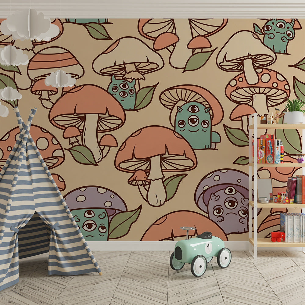 Playroom feature wall with a Kids-Mundo mushroom forest wall mural and playful three-eyed monsters.
