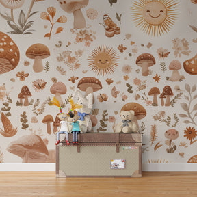 Forest mushroom wallpaper with flowers transforming kids bedroom into magical woodland space