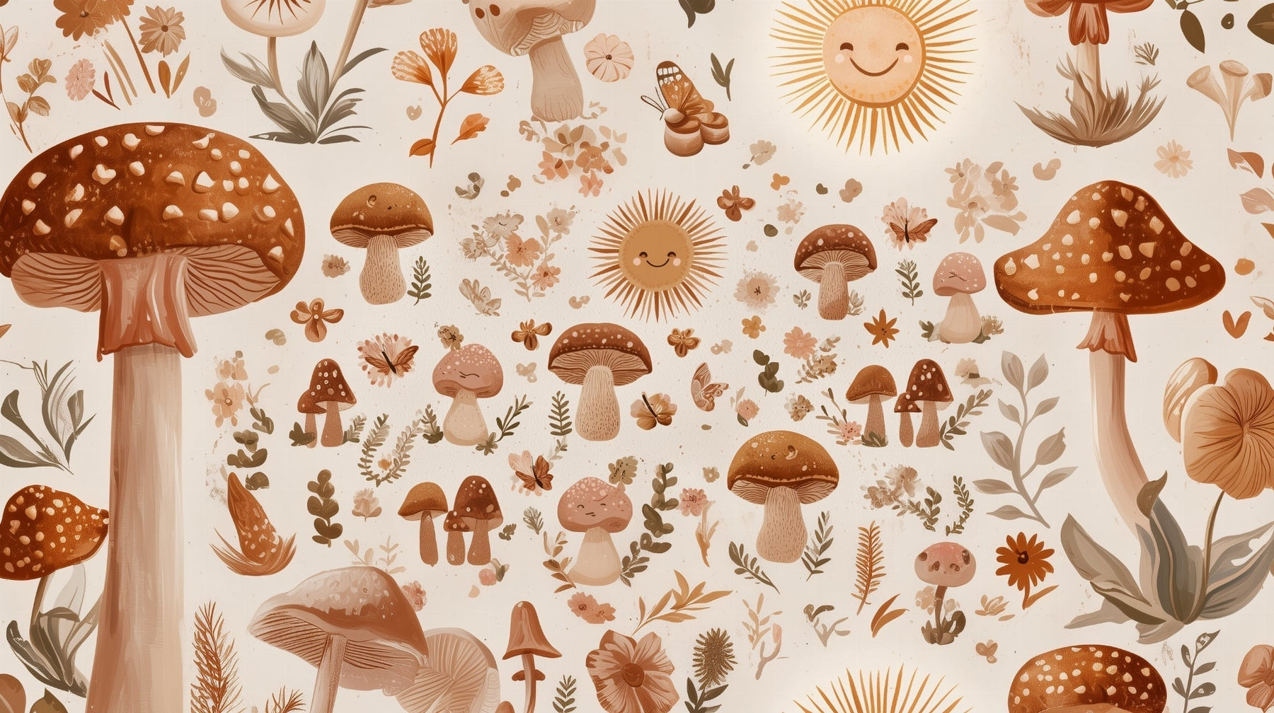 Detailed happy mushroom mural wallpaper design pattern with flowers and sunshine by Kids-Mundo