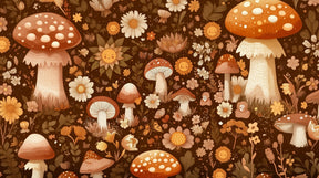Detailed mushroom and floral mural wallpaper design pattern showing bohemian forest motifs by Kids-Mundo